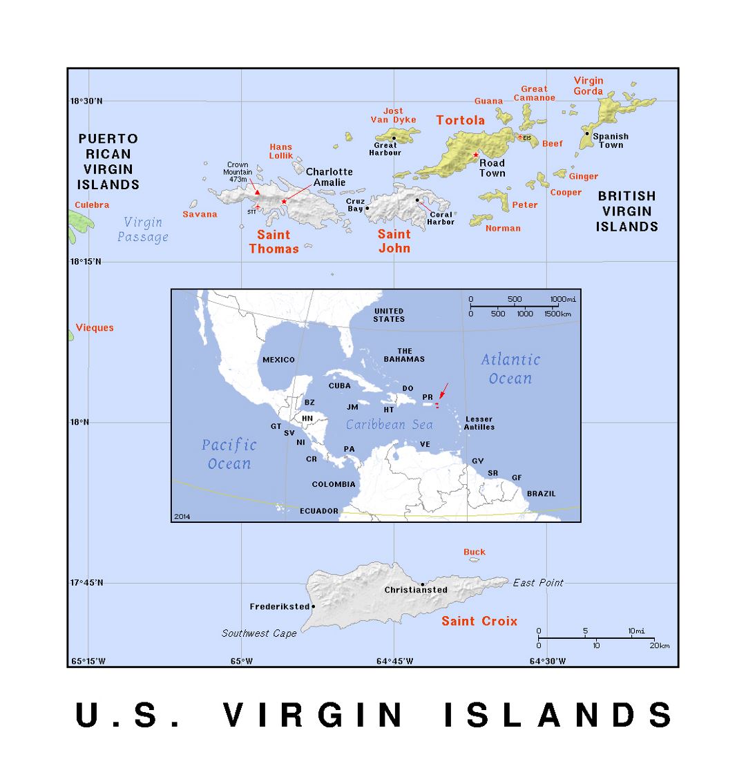 Detailed political map of U.S. Virgin Islands with relief