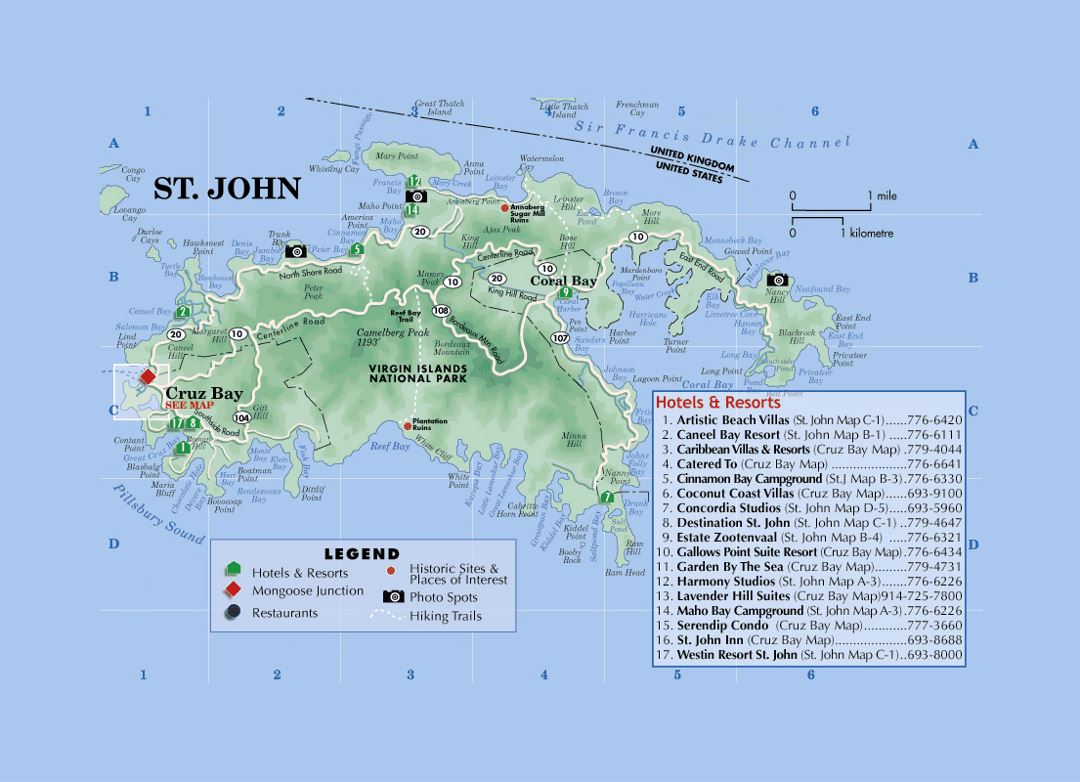 Detailed tourist map of St. John, US Virgin Islands