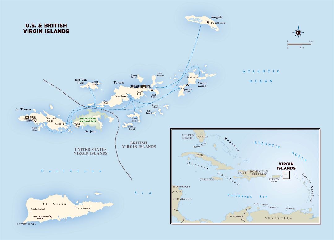 Large detailed political map of Virgin Islands with other marks