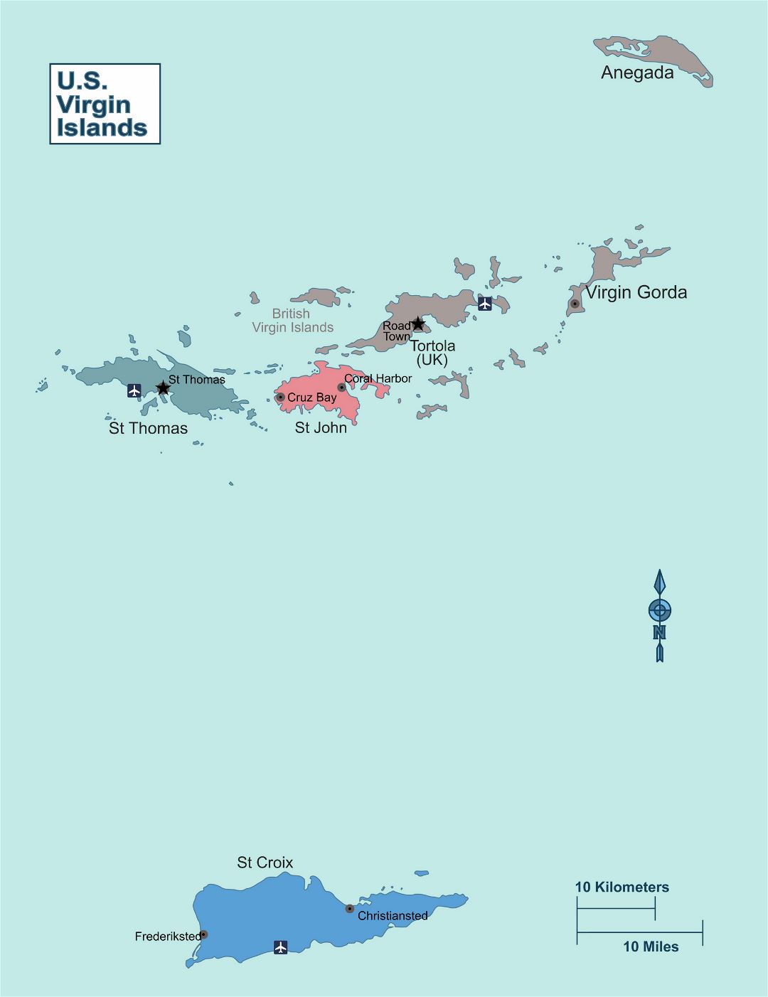 Large regions map of Virgin Islands
