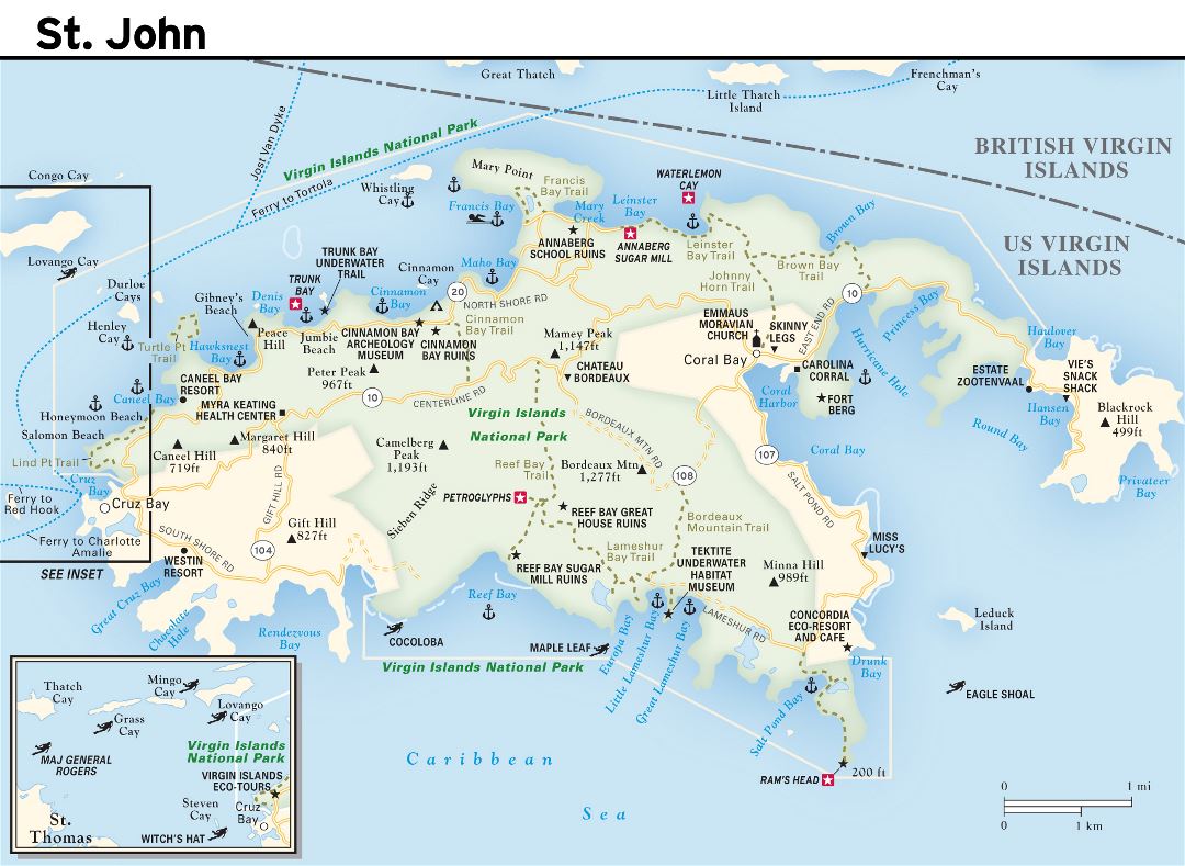 Large road map of St. John Island, US Virgin Islands with other marks