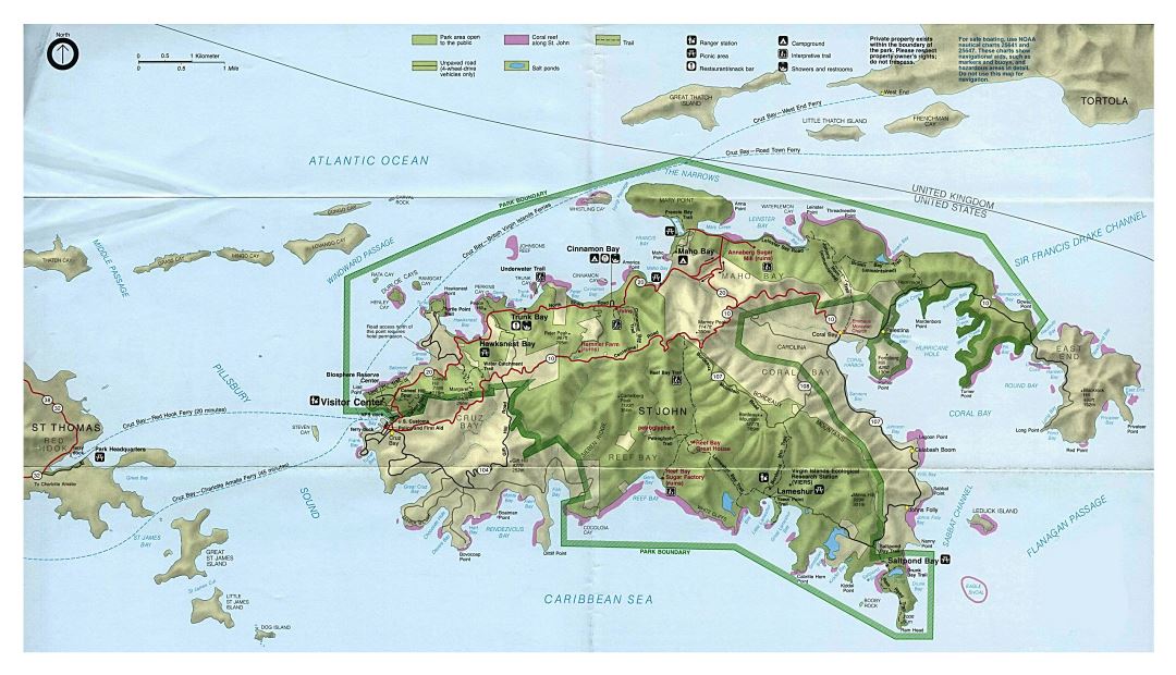 Large road map of St. John Island with relief and other marks