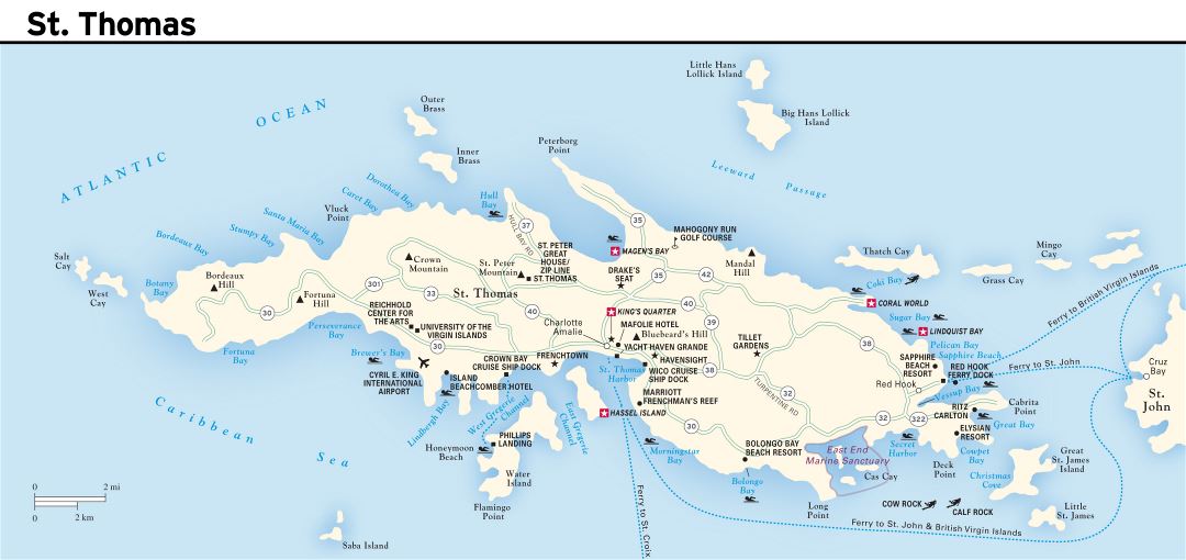 Large road map of St. Thomas Island, US Virgin Islands with other marks