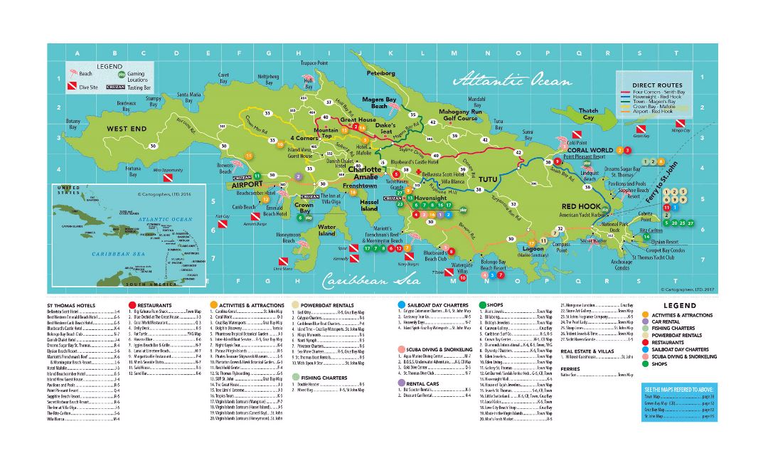 Large travel map of St. Thomas Island, US Virgin Islands