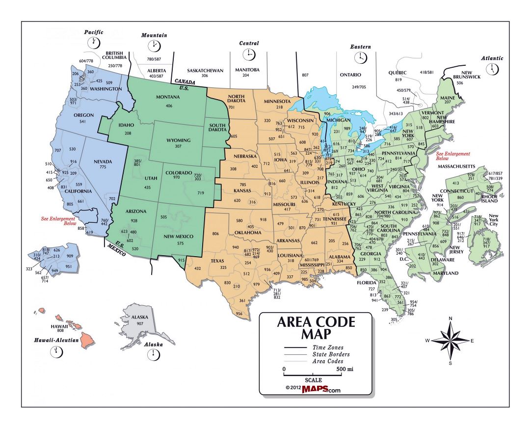 Large area code map of the USA