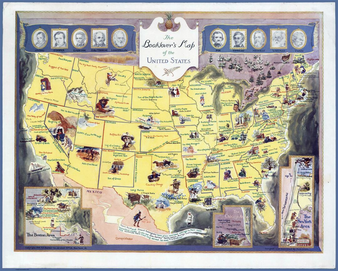 Large detailed booklover's map of the United States
