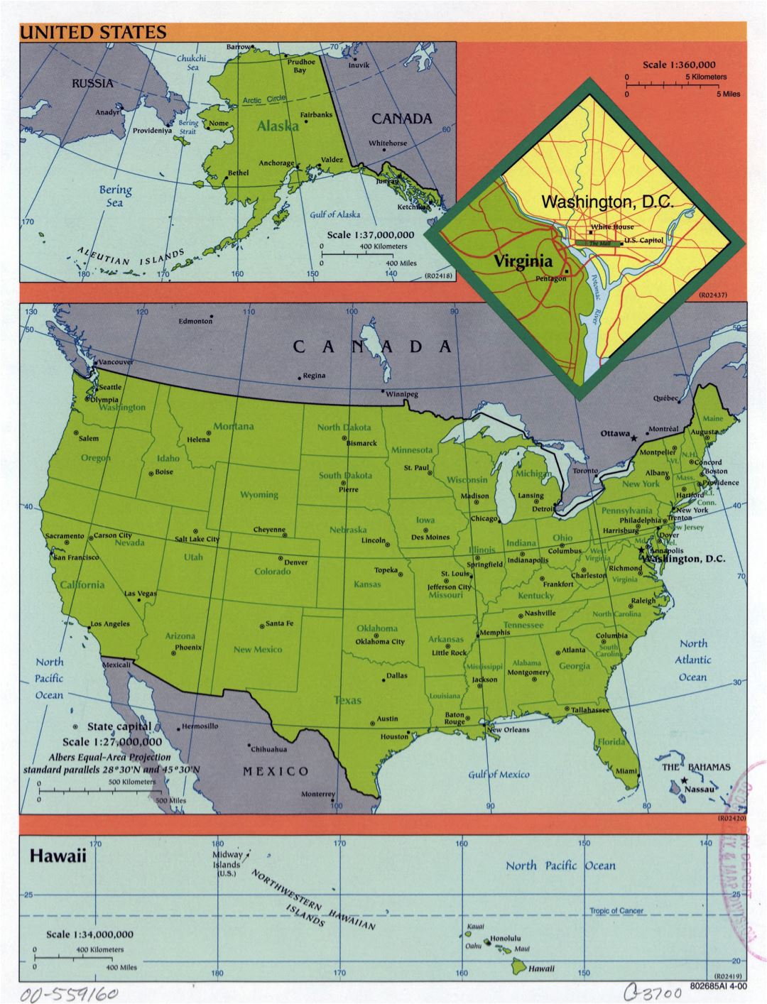 Large detailed political and administrative map of the United States - 2000