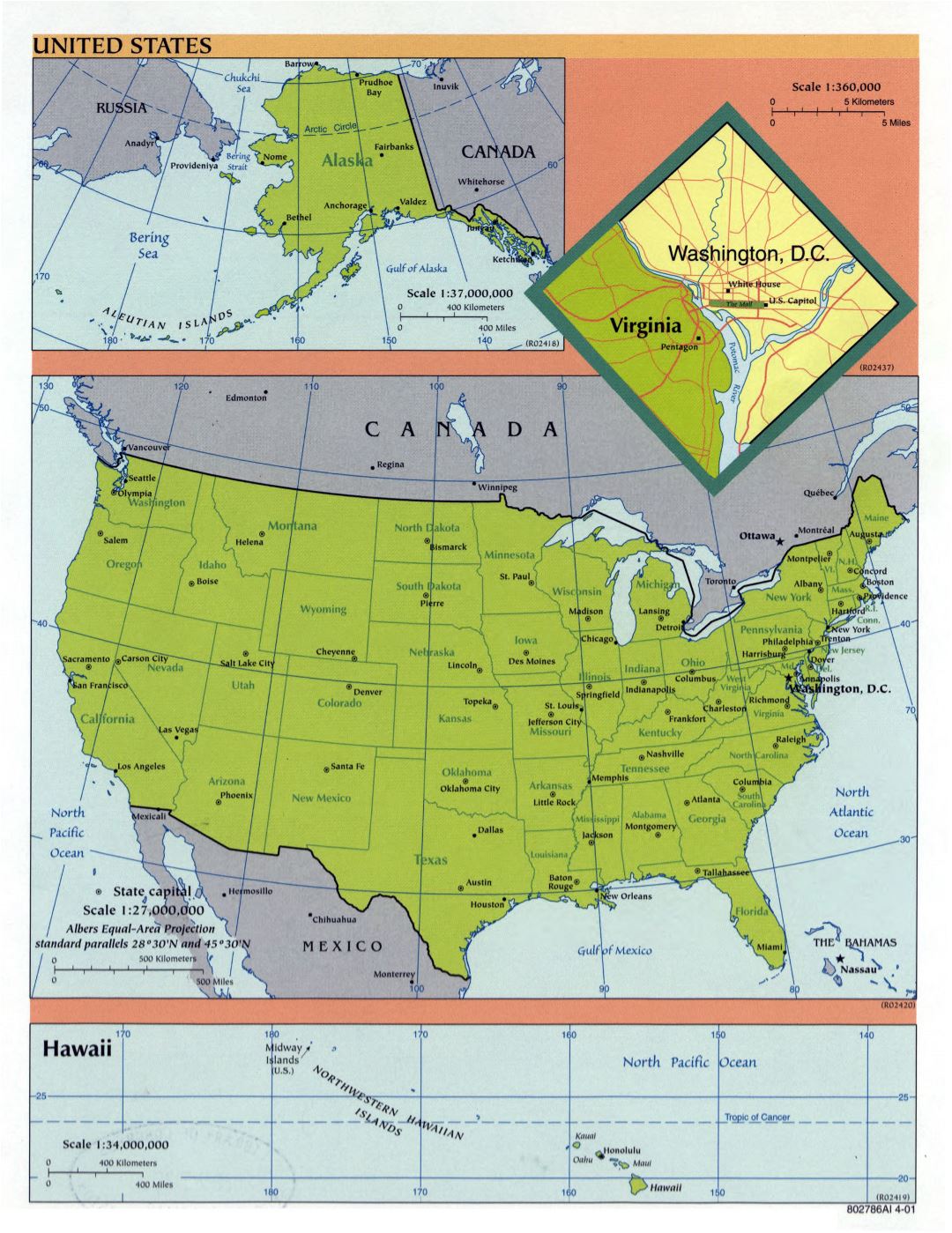 Large detailed political and administrative map of the United States - 2001