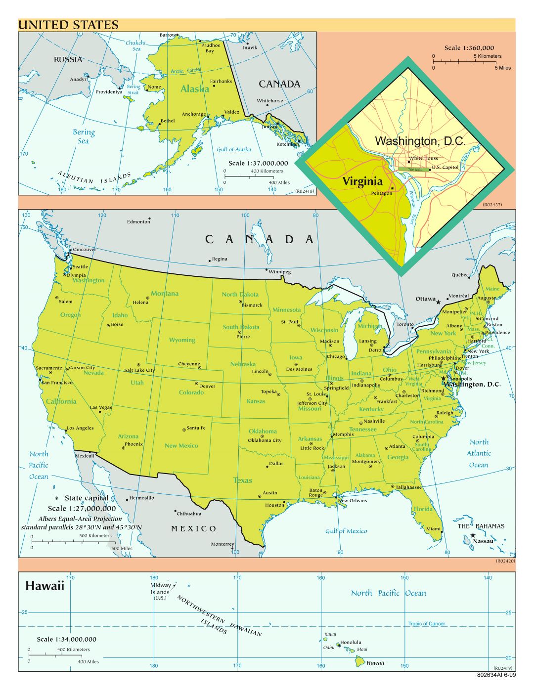 Large detailed political and administrative map of the USA - 1999