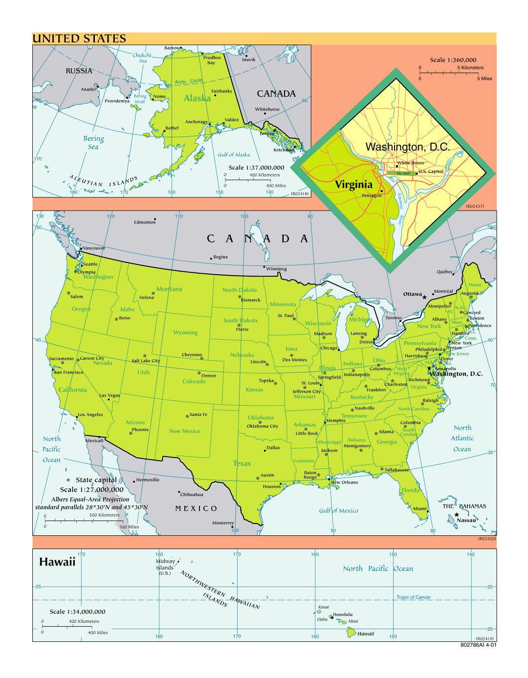 Large detailed political and administrative map of the USA - 2001