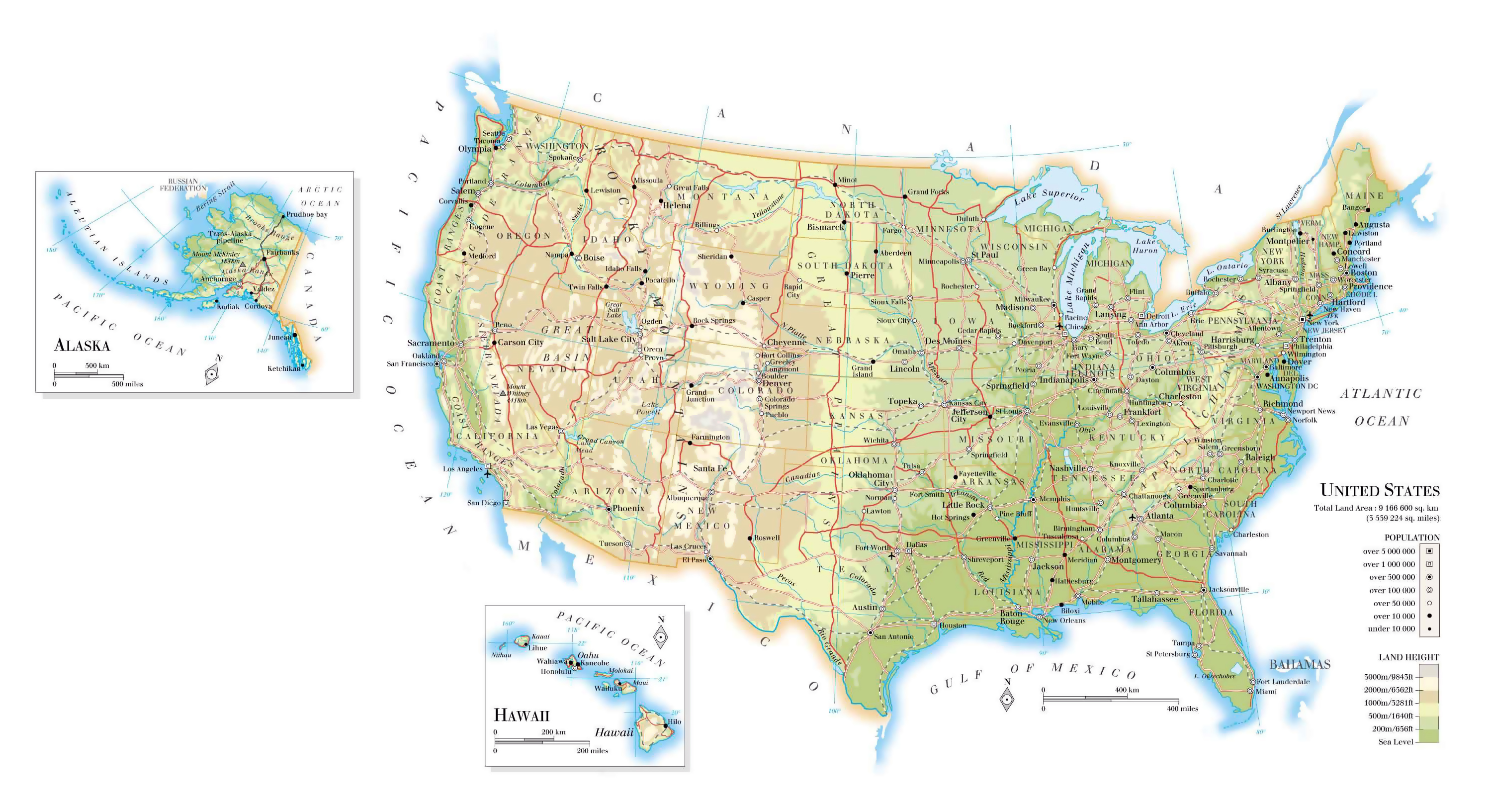 Large Elevation Map Of The United States With Roads Railroads