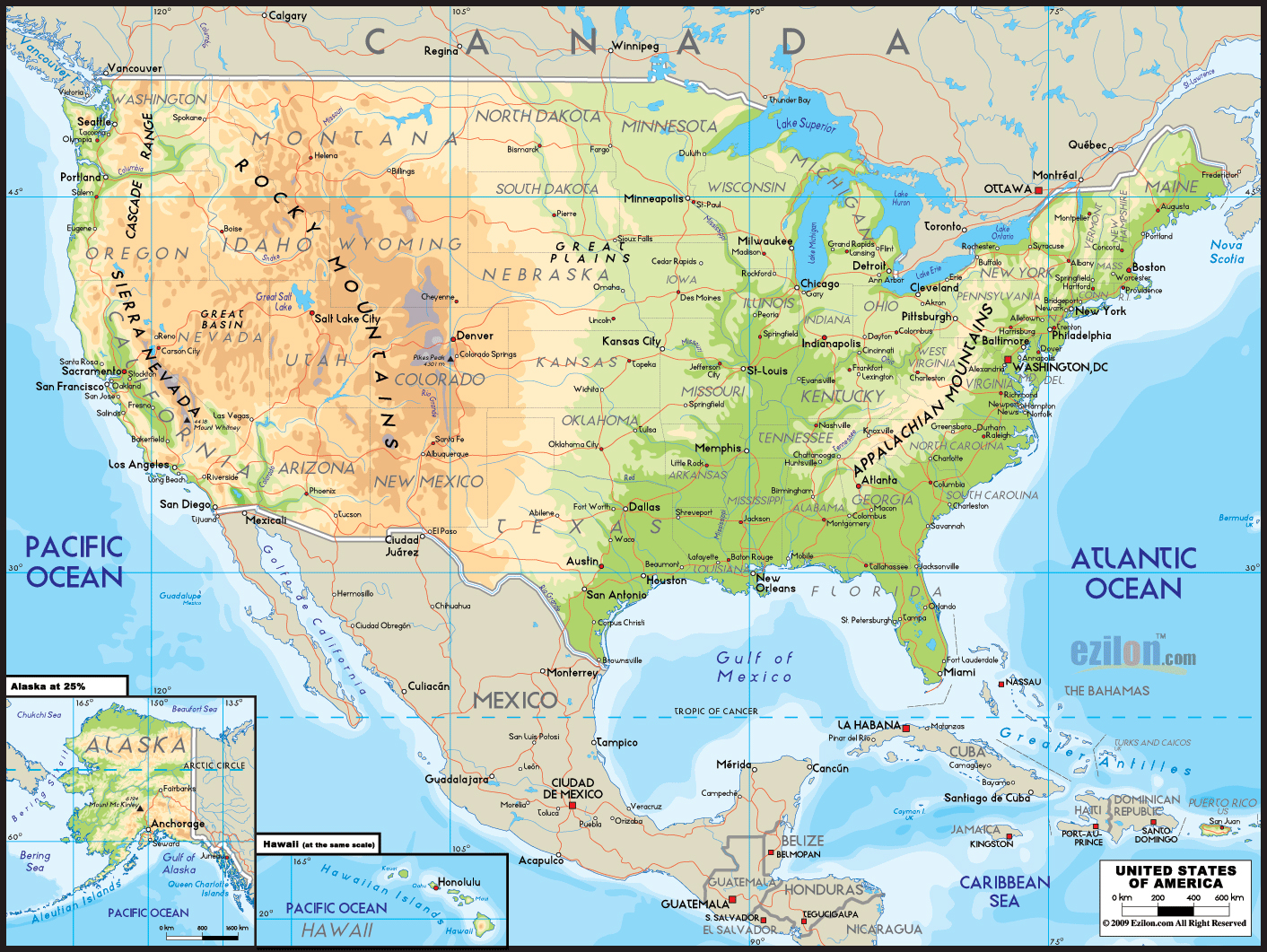 Large Physical Map Of The United States With Roads And Major