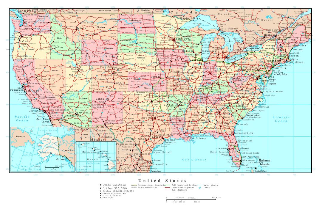 Large political and administrative map of the USA with roads and all cities