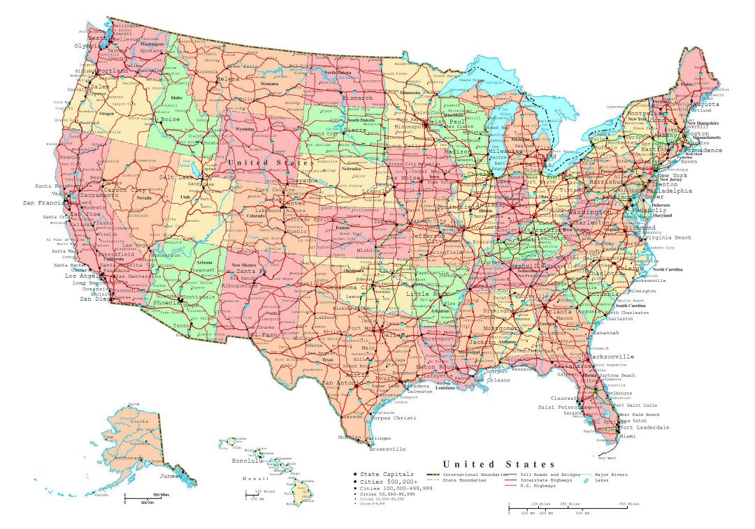 Large political and administrative map of the USA with roads and cities