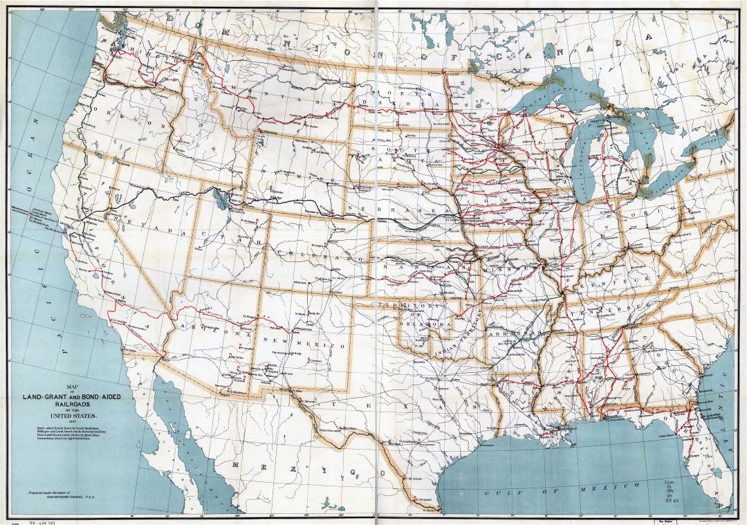 Large scale detailed old map of Land Grant and Bond Aided railroads of the United States - 1892