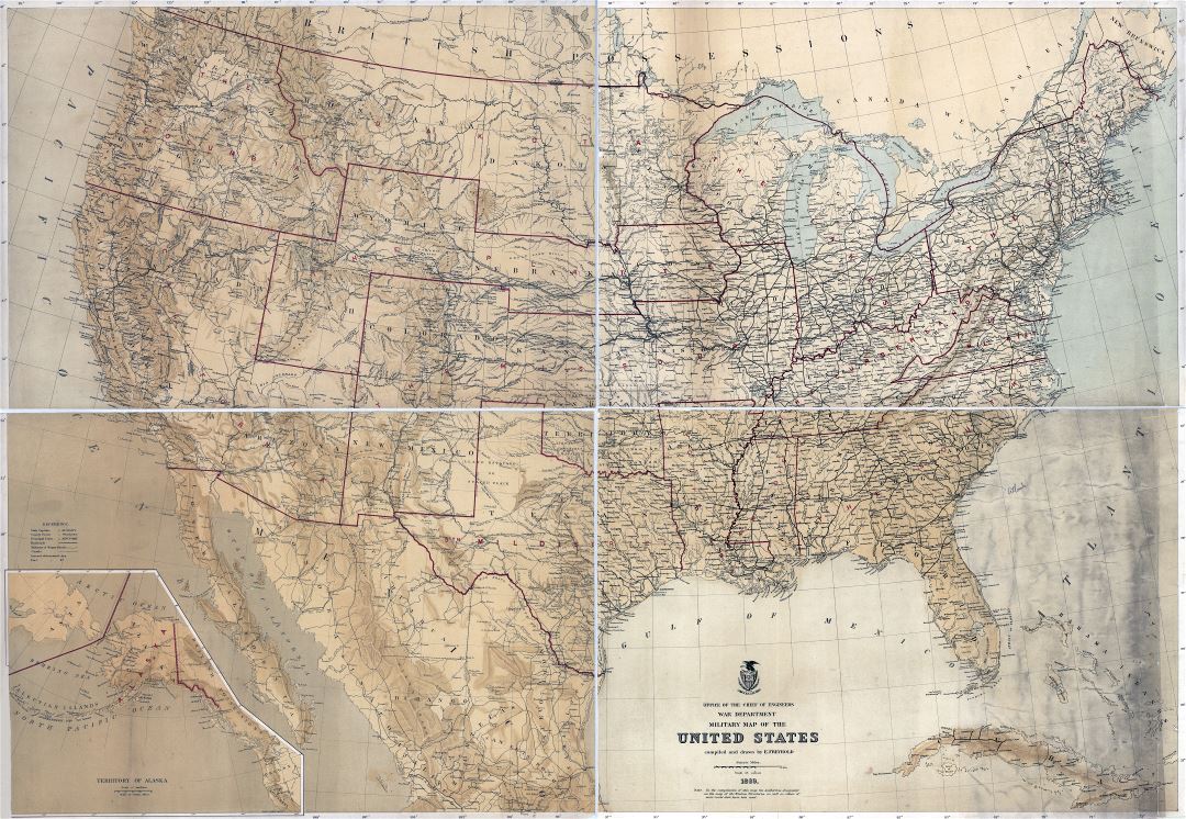 Large scale detailed old military map of the United States - 1869