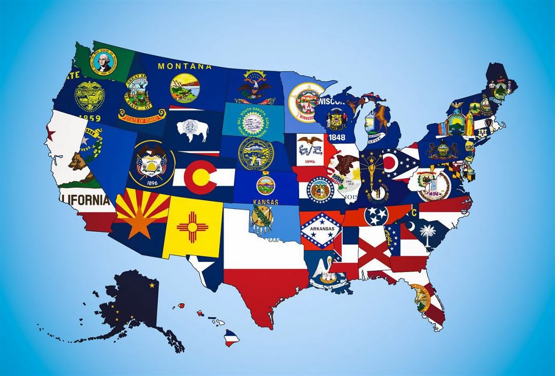 Large states flag map of the USA