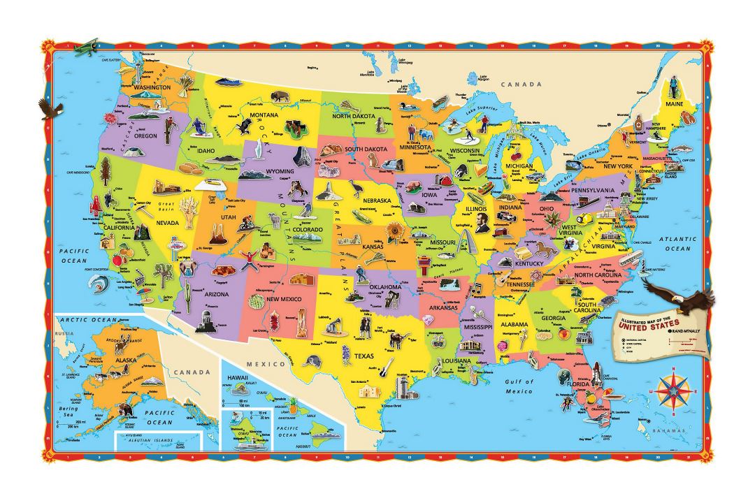 Large tourist illustrated map of the USA