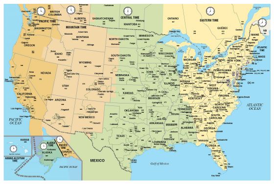 Large USA area codes map with time zones