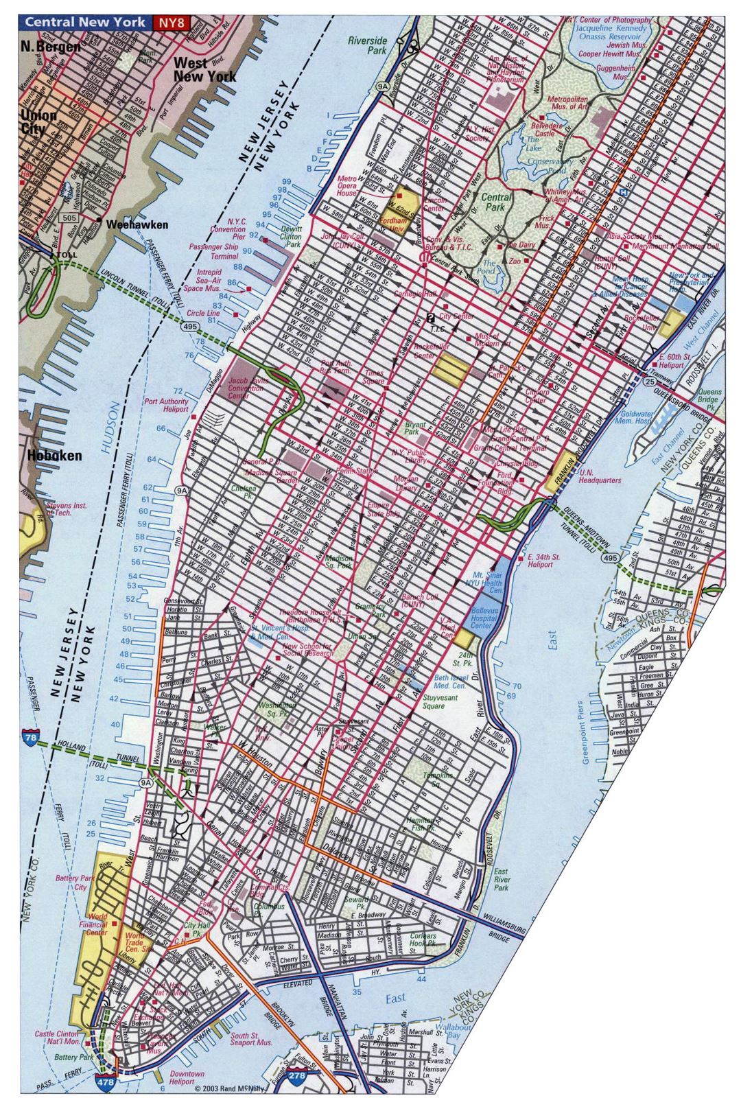 Detailed street map of Manhattan, NYC