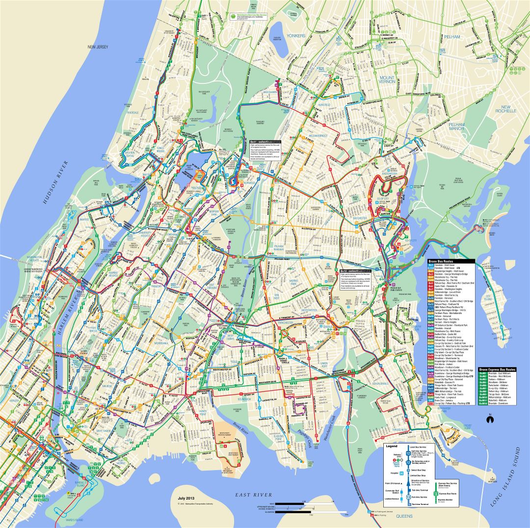 Large detailed Bronx bus map, NYC