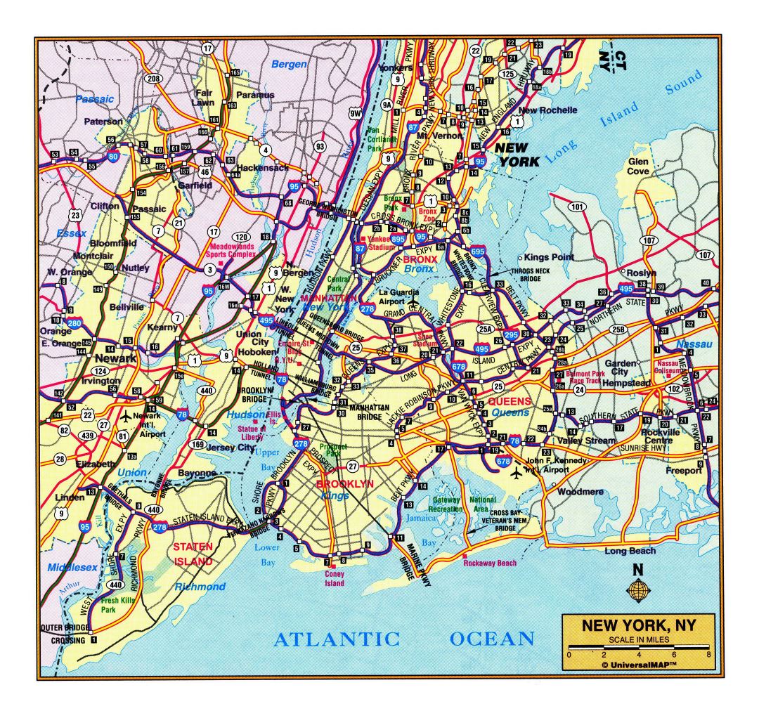 Large detailed highways map of New York city area