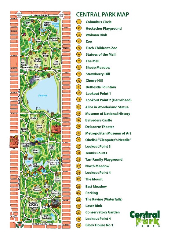 Large detailed map of attractions in Central Park, NY city