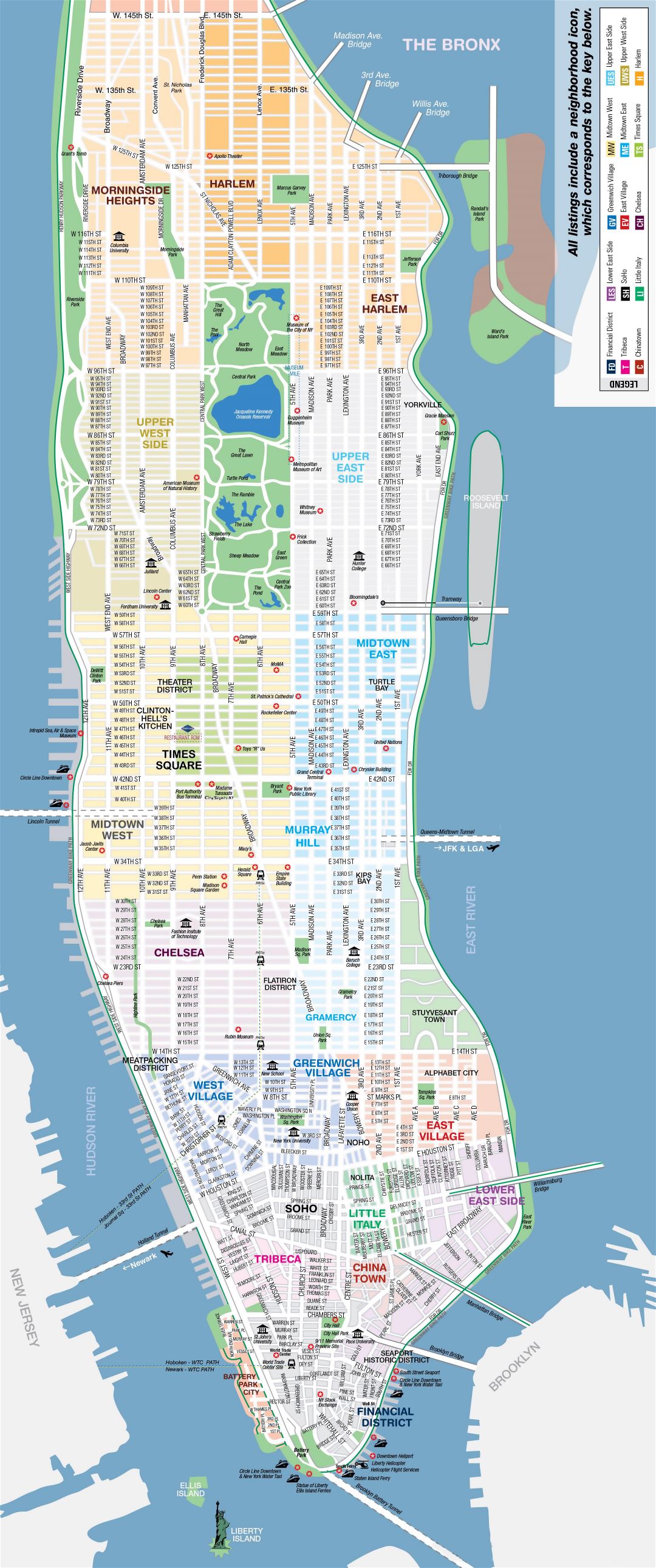 Large detailed map of New York, Manhattan top tourist attractions with streets and avenues