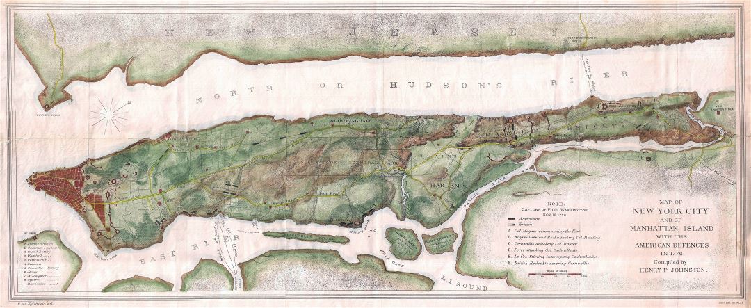 Large detailed old map of New York city and of Manhattan Island with the american defences in 1776