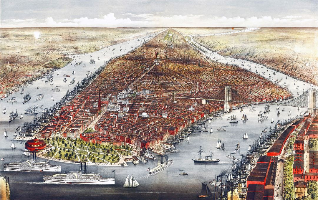 Large detailed old panoramic map of Manhattan, New York city - 1876