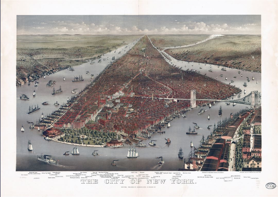 Large detailed old panoramic map of the city of New York - 1884
