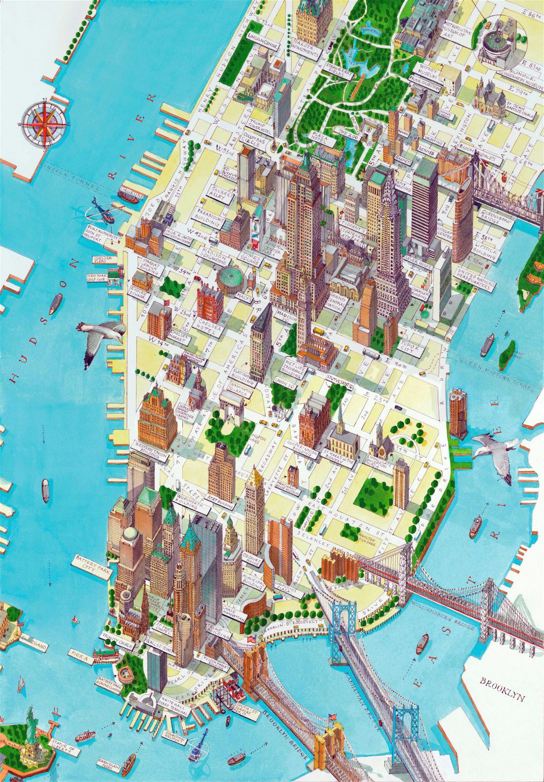 Large detailed panoramic drawing map of Lower Manhattan, NYC