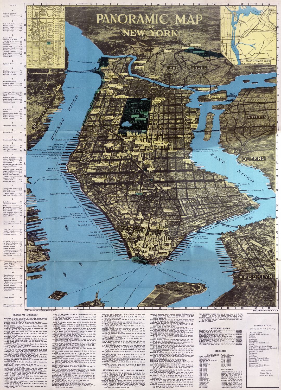 Large detailed panoramic map of Manhattam, New York city