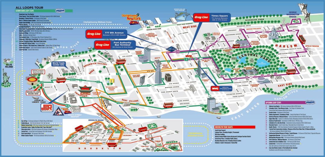 Large detailed printable tourist attractions map of Manhattan, New York city