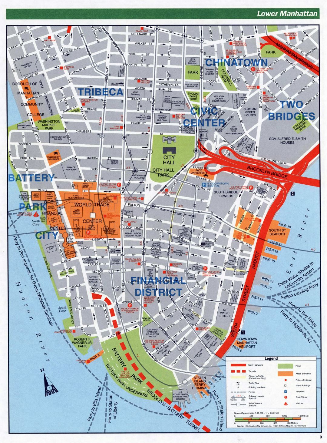 Large detailed road map of Lower Manhattan, NYC | New York | USA
