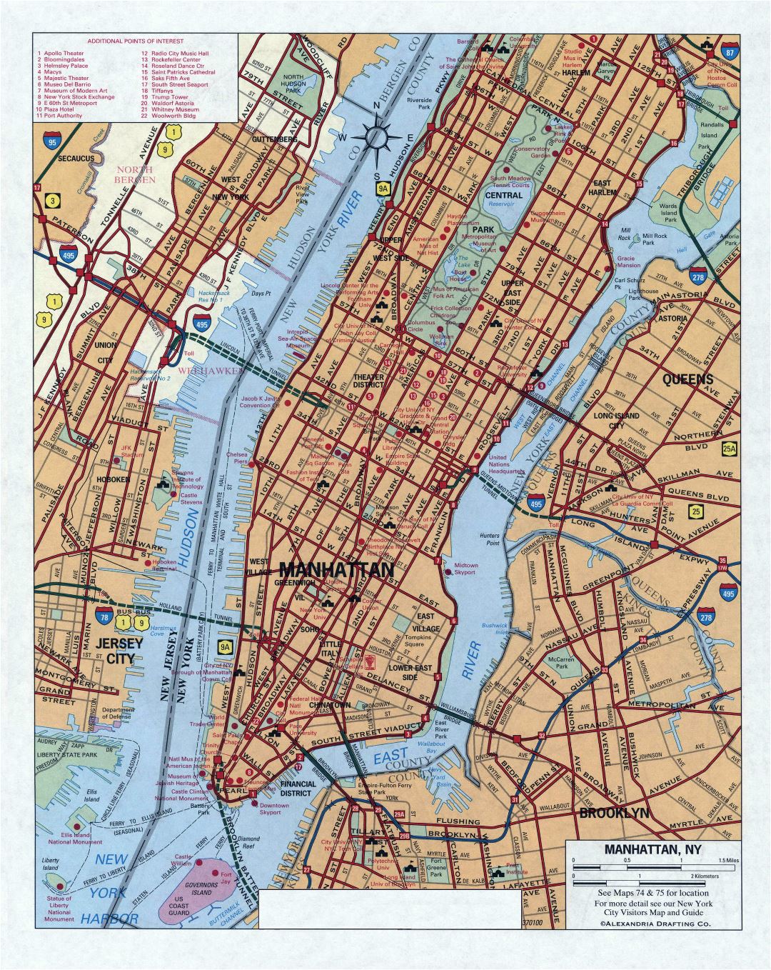 Large detailed road map of Manhattan, NYC