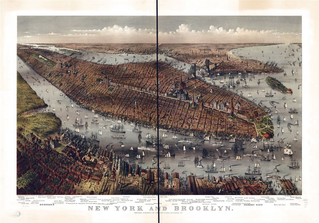 Large scale detailed old panoramic map of New York and Brooklyn - 1875