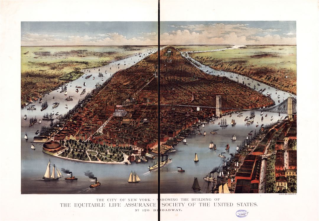 Large scale detailed old panoramic map of the city of New York - 1883