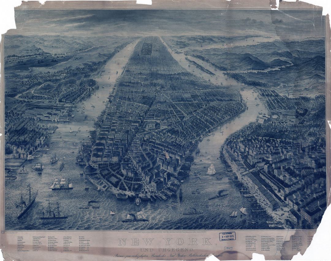 Large scale old panoramic map of New York - 1867