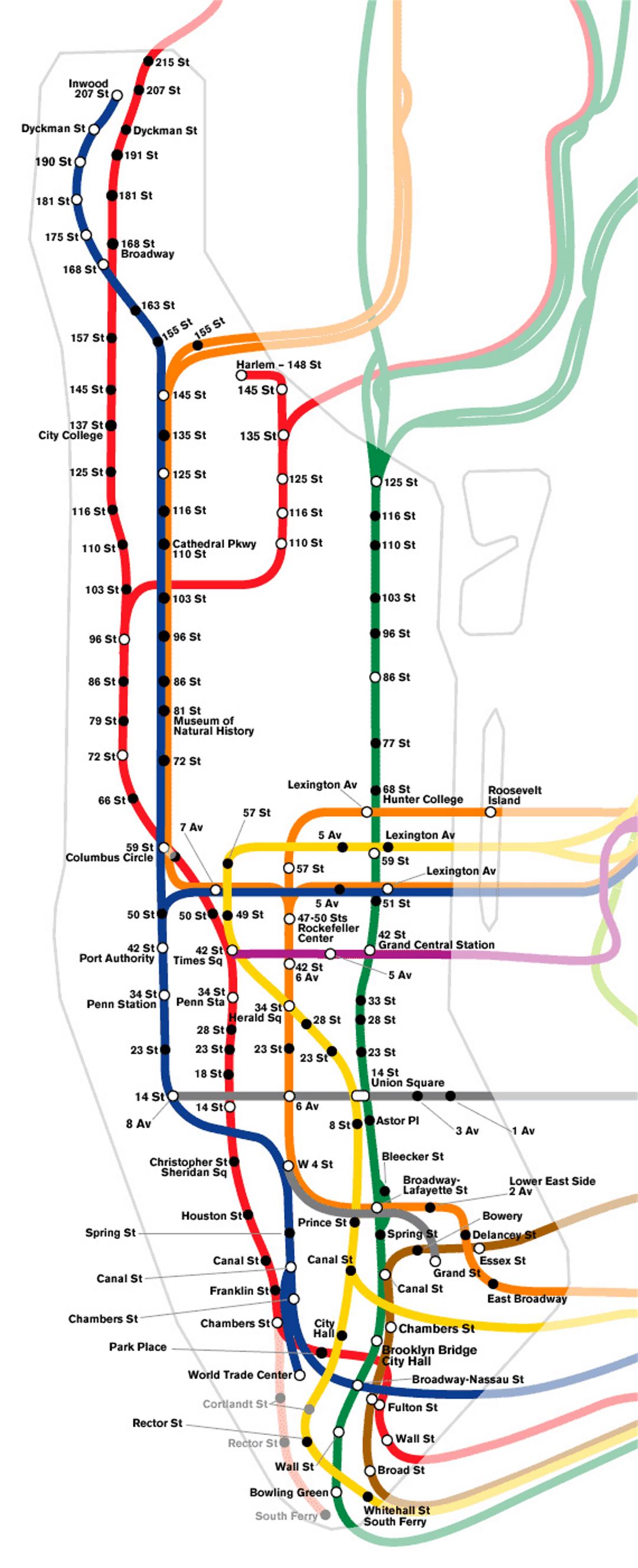 Schematic subway map of Manhattan