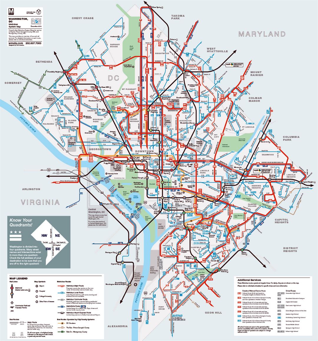 Detailed metrobus route map of Washington D.C.