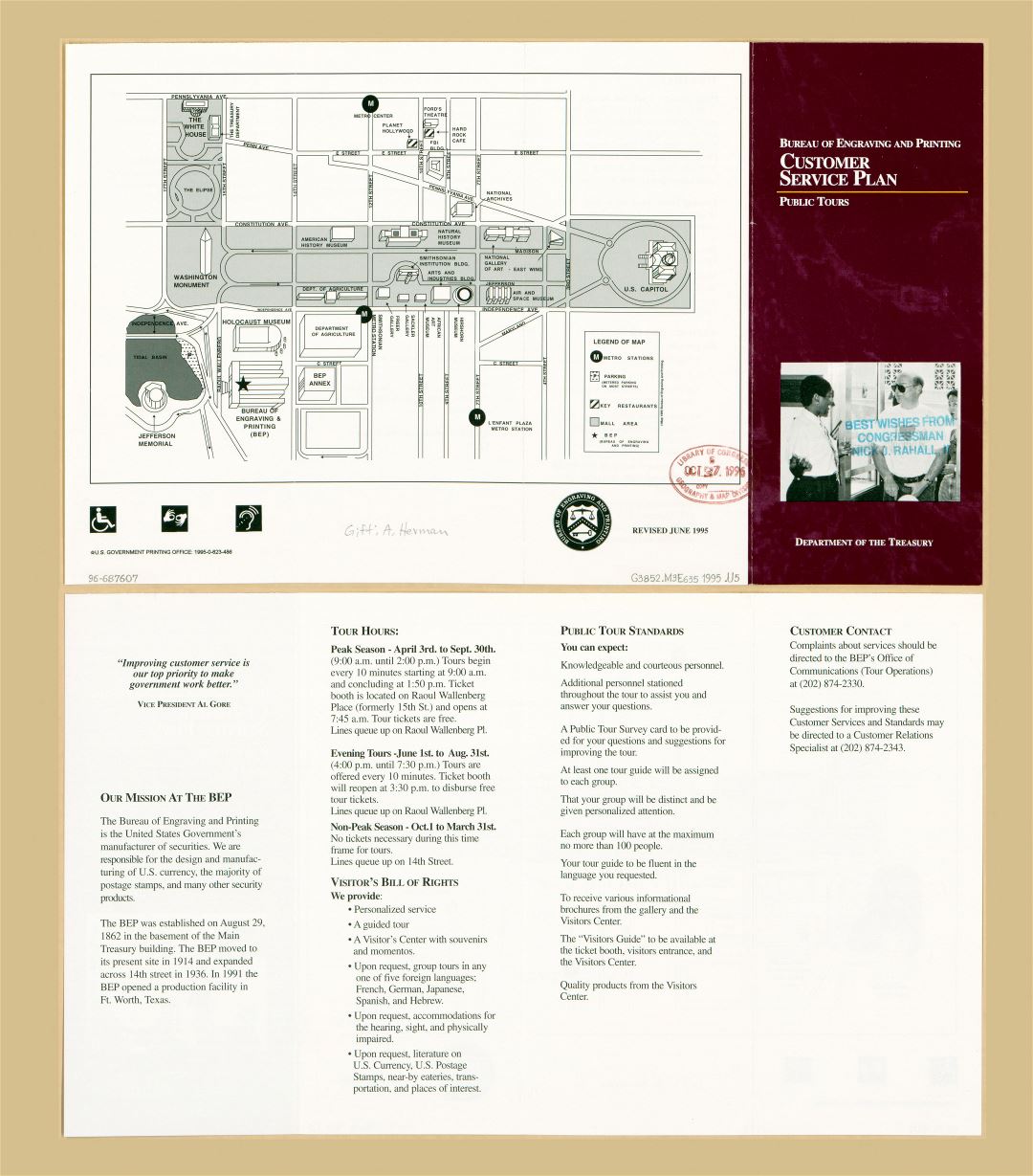 Large detailed Bureau of Engraving and Printing Customer Service plan public tours, Washington D.C. - 1995