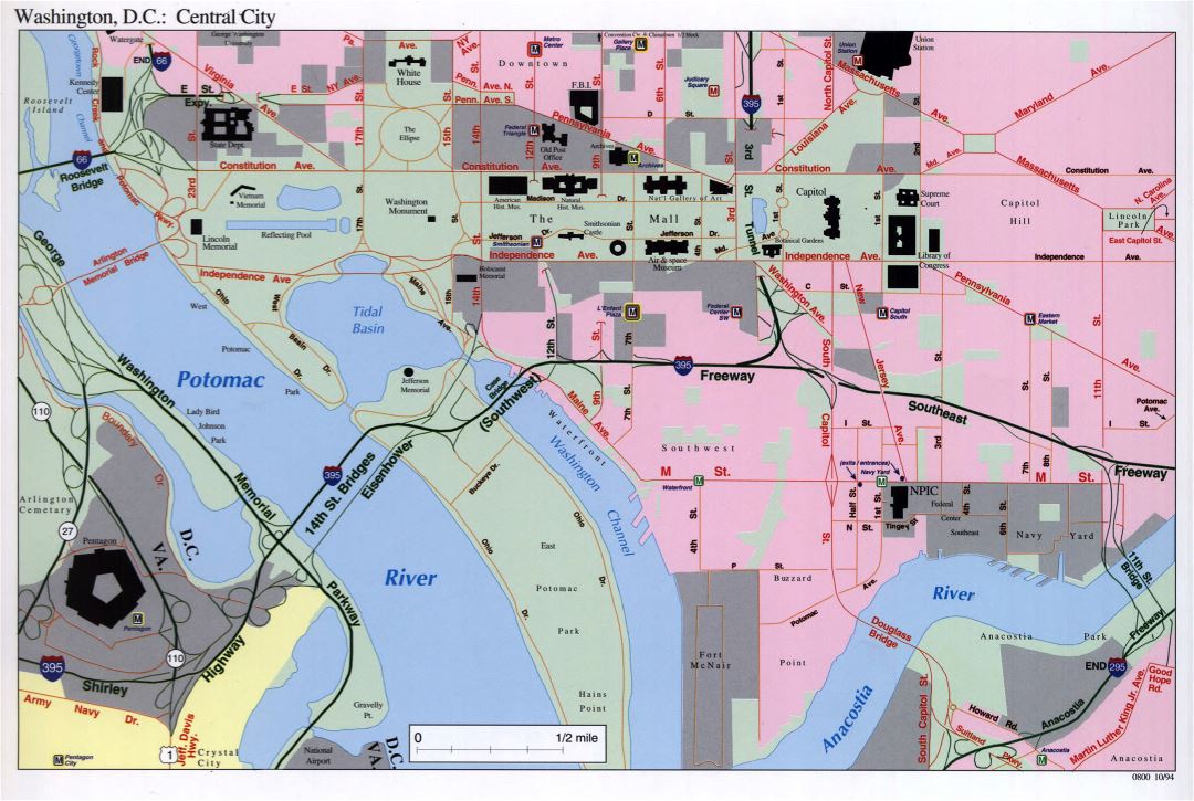 Large detailed map of Washington D.C. central city - 1994