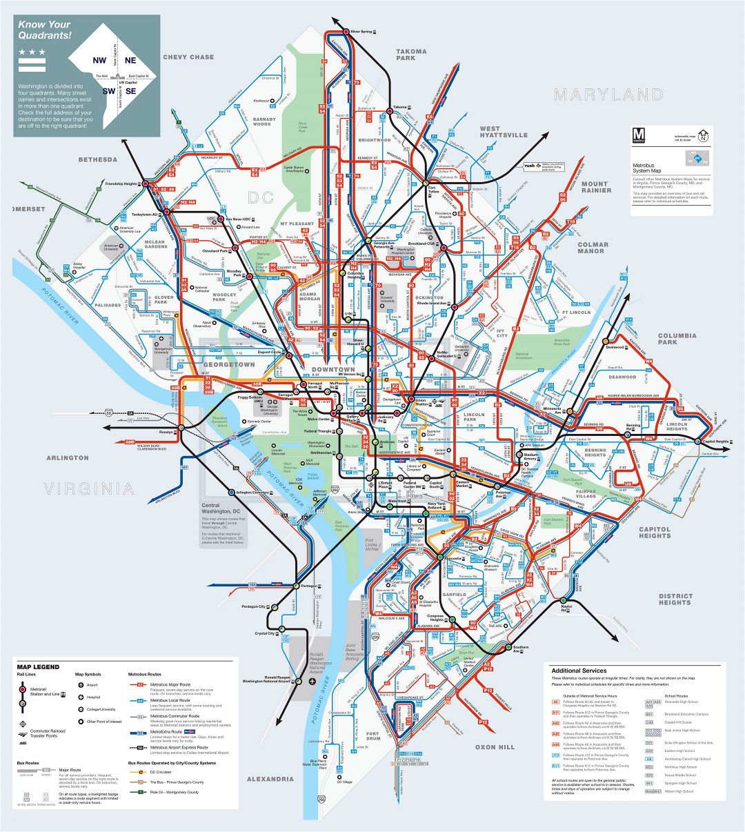 Large detailed metrobus route map of Washington D.C.