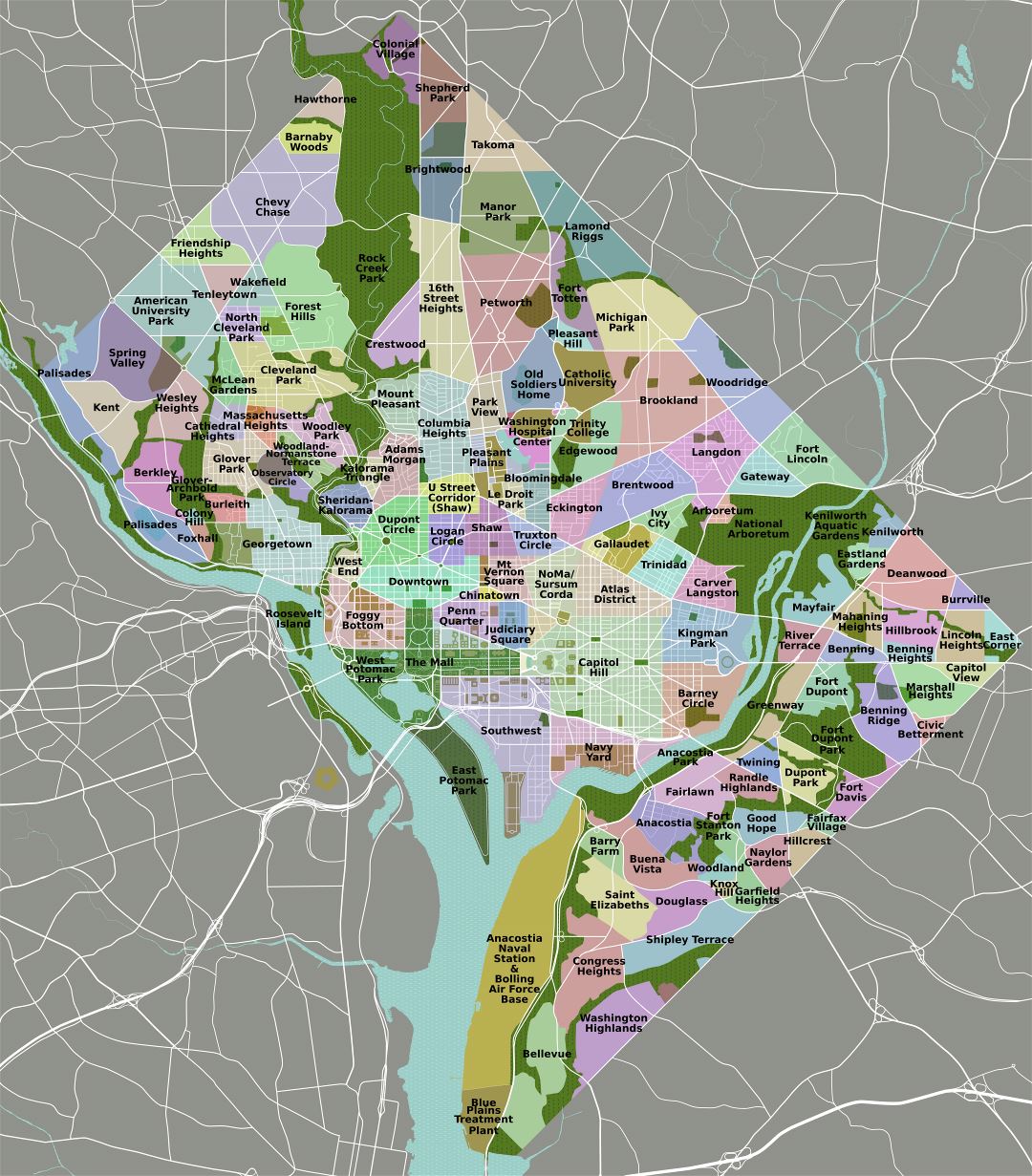 Large detailed neighborhoods map of Washington D.C.