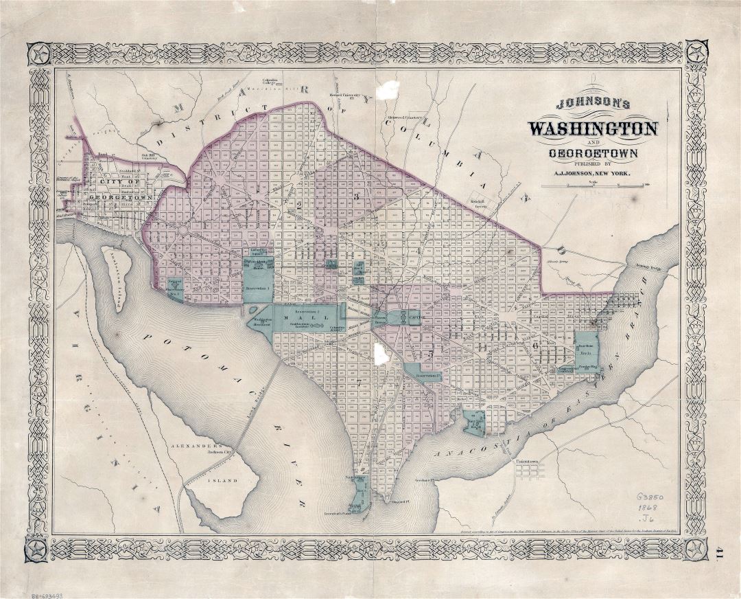 Large detailed old Johnson's Washington and Georgetown map - 1868