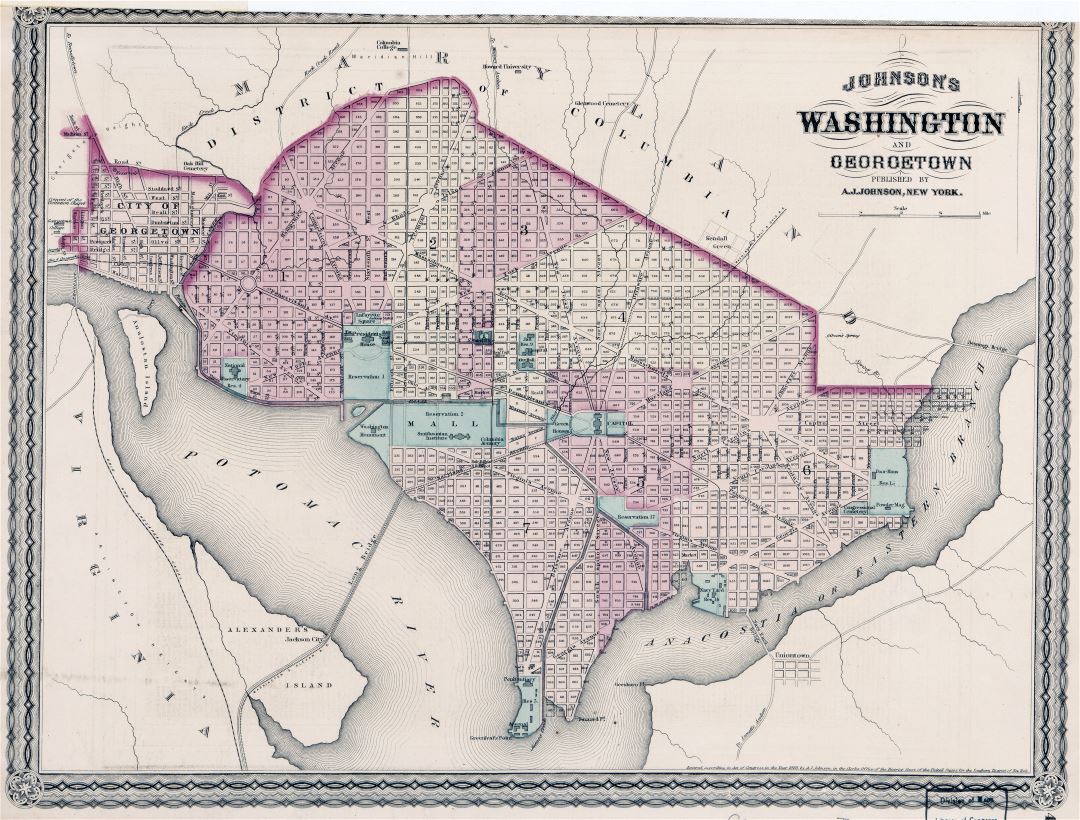 Large detailed old Johnson's Washington and Georgetown map - 1870