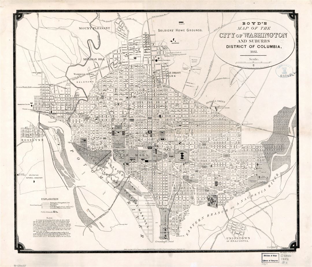 Large detailed old map of the city of Washington and suburbs, District of Columbia - 1882