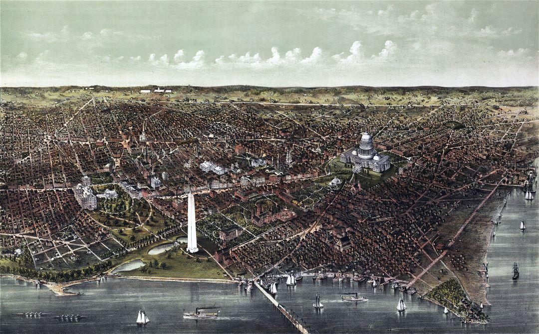 Large detailed old panoramic map of Washington D.C. - 1892