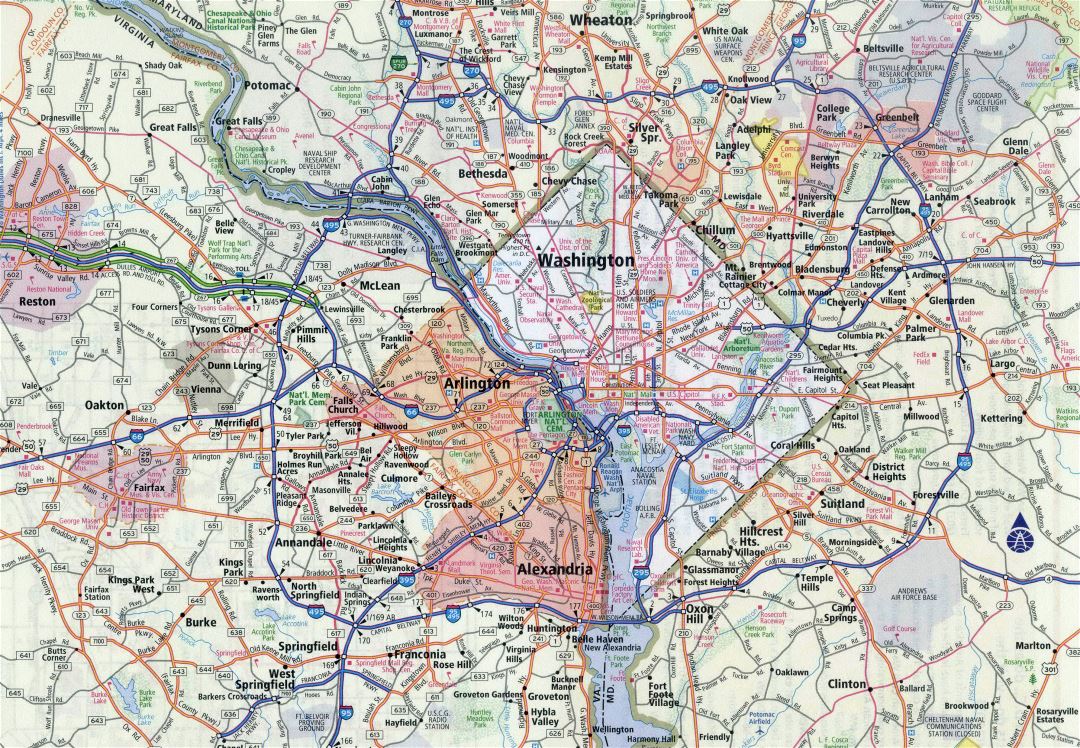 Large detailed roads and highways map of Washington D.C. and vicinity